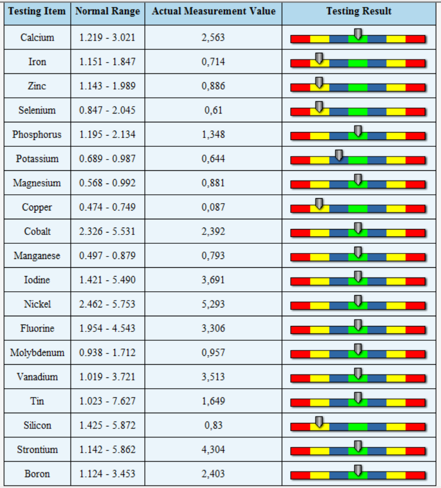 En tabell listar olika element med deras normala intervall, uppmätta värden och testresultat. Elementen inkluderar kalcium, järn, zink, selen, fosfor, kalium, magnesium, koppar, kobolt, mangan, jod, nickel, fluor, molybden, vanadin, tenn, kisel, strontium och bor. Färgkodade staplar (röd, gul, grön, blå, lila) indikerar brist, optimala och överskottsnivåer i testresultaten.