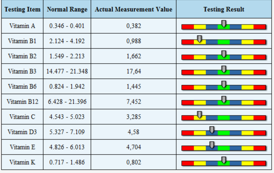 En tabell med vitamintestresultat. Kolumner inkluderar "Testobjekt", "Normalt intervall", "Faktiskt mätvärde" och "Testresultat." Varje rad visar ett vitamin med sina respektive data. Testresultaten visualiseras med färgkodade staplar som indikerar nivån inom eller utanför det normala intervallet.